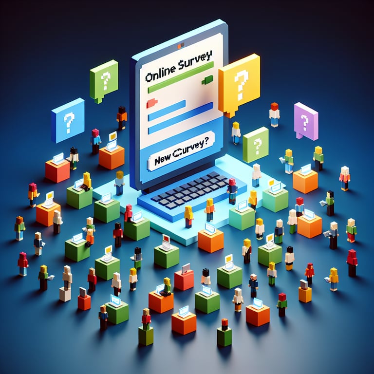 3D voxel art depicting online surveys, set against a dark blue background, symbolizing new client survey questions.