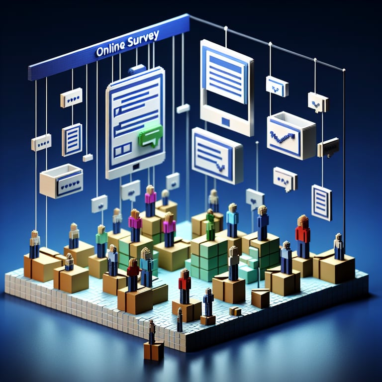 3D voxel art depicting online enterprise architecture surveys on a dark blue background.