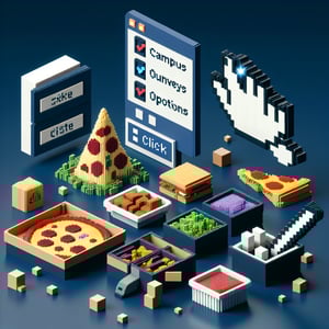 3D voxel art depicting online surveys, symbolizing campus dining options survey questions, on a dark blue background.