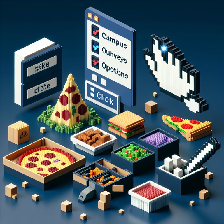 Artistic 3D voxel model of campus dining survey interface