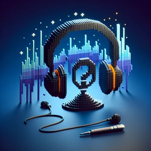 3D voxel art illustrating the concept of online audio survey questions, set against a dark blue background.