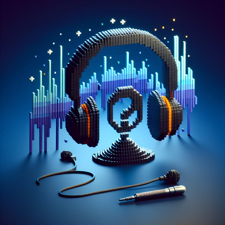 3D voxel art illustrating the concept of online audio survey questions, set against a dark blue background.