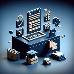 3D voxel art of online surveys symbolizing career services survey questions on a dark blue background.