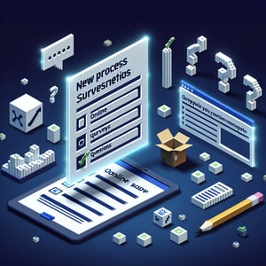 3D voxel art depicting online surveys with a dark blue background, symbolizing new process survey questions.