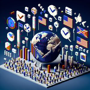 3D voxel art depicting online nationalism survey, with dark blue background.