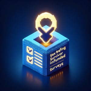 3D voxel art depicting online surveys, symbolizing sex trafficking survivor-informed survey questions.