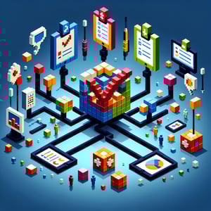 3D voxel art depicting the concept of online cross team collaboration surveys on a dark blue background.