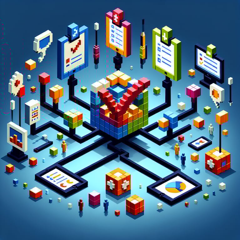 3D voxel art symbolizing cross-team collaboration survey synergy