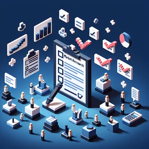 3D voxel art depicting online survey process, ideal for market research, on a dark blue background.