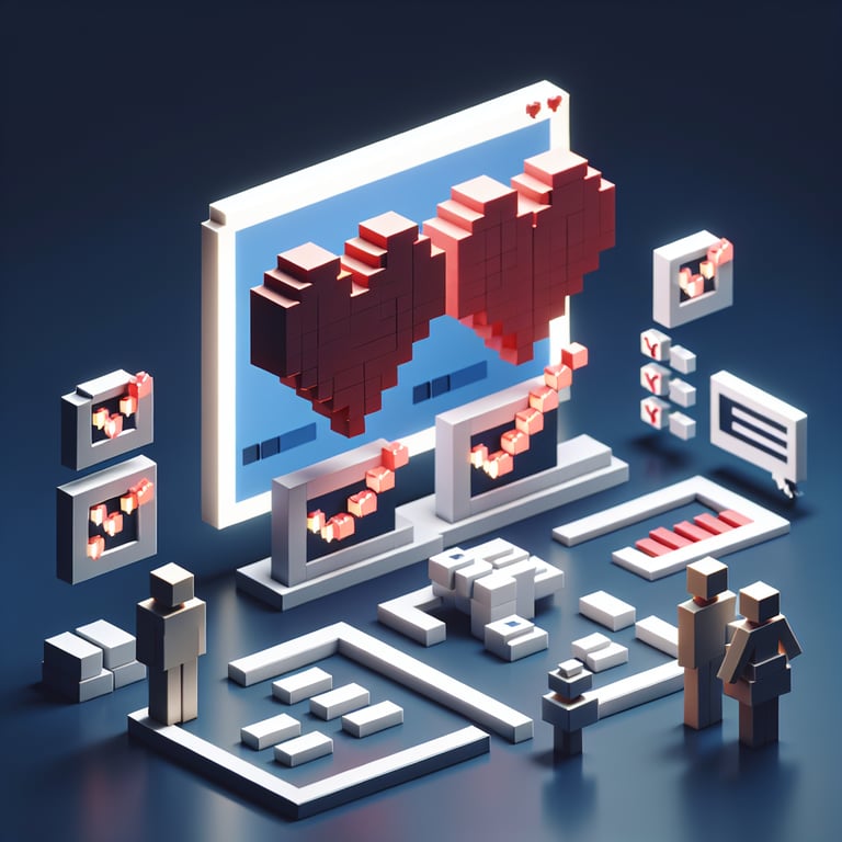 3D voxel art depicting online relationship surveys on a dark blue background.