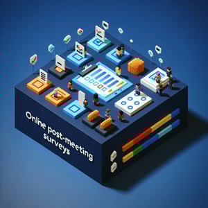 3D voxel art depicting online post-meeting survey concept on a dark blue background.