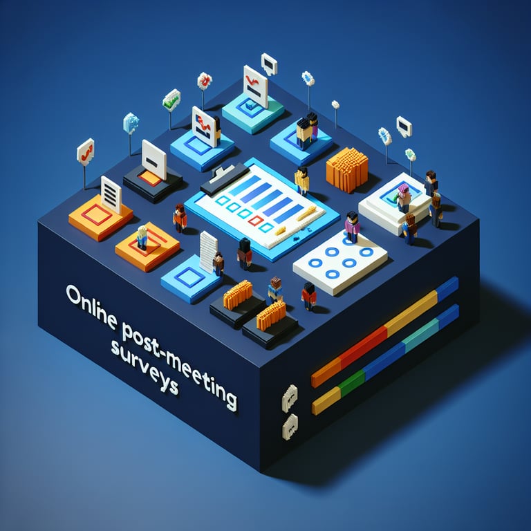 Artistic 3D voxel art of a feedback poll cube symbolizing post meeting survey