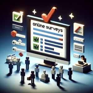 3D voxel art depicting the concept of online surveys and questions on a dark blue background.