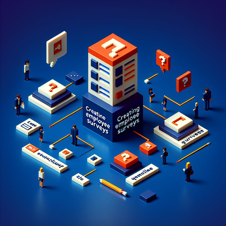 3D voxel art depicting the concept of creating online employee survey questions with a dark blue background.