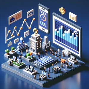 3D voxel art depicting online stock market surveys on a dark blue background.