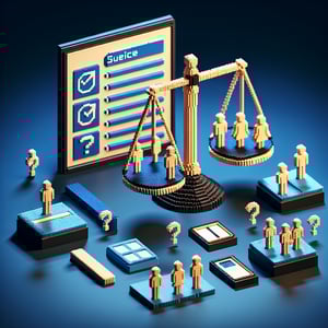 3D voxel art depicting online gender equality survey with a dark blue background.