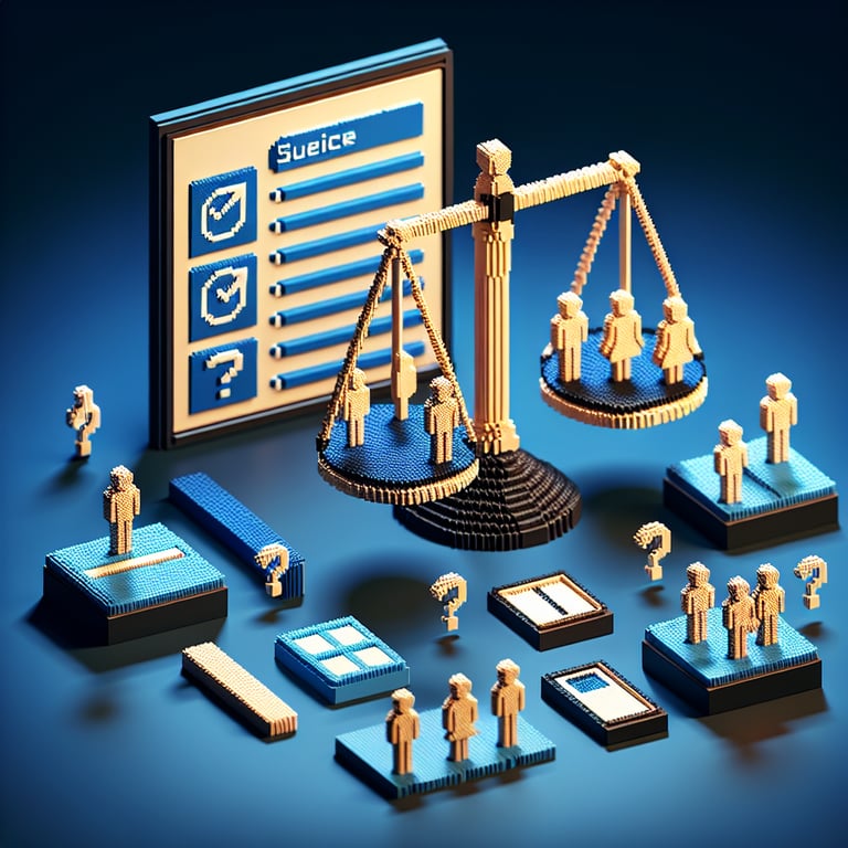 3D voxel art depicting online gender equality survey with a dark blue background.