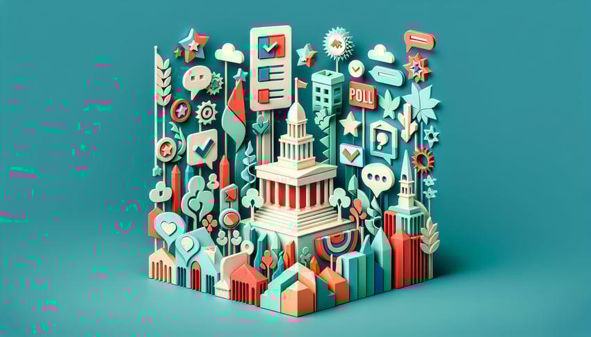 Paper-cut style illustration featuring various town hall survey questions in a colorful design.
