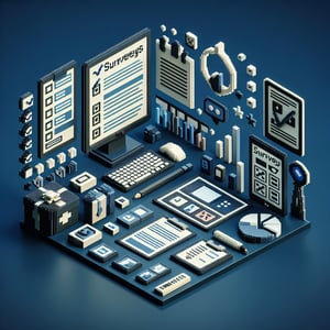 3D voxel art depicting online maintenance surveys against a dark blue background.