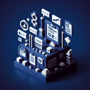 3D voxel art depicting online surveys on a dark blue background, symbolizing sample benefit survey questions.