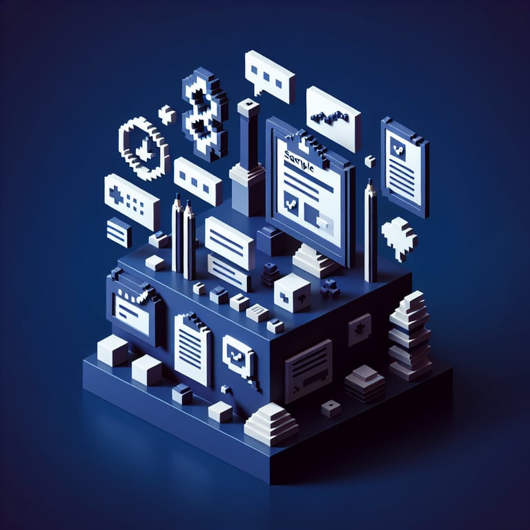 3D voxel art depicting online surveys on a dark blue background, symbolizing sample benefit survey questions.