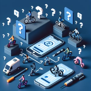 3D voxel art depicting online e-bike surveys on a dark blue background.