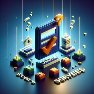 3D voxel art depicting online surveys, set against a dark blue background, symbolizing NPS score surveys.