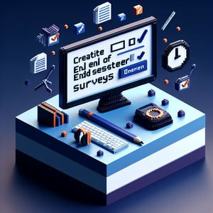 3D voxel art illustrating end of semester online surveys on a dark blue background.