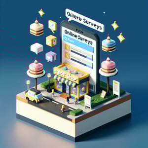 3D voxel art depicting online cake shop survey concept on a dark blue background.