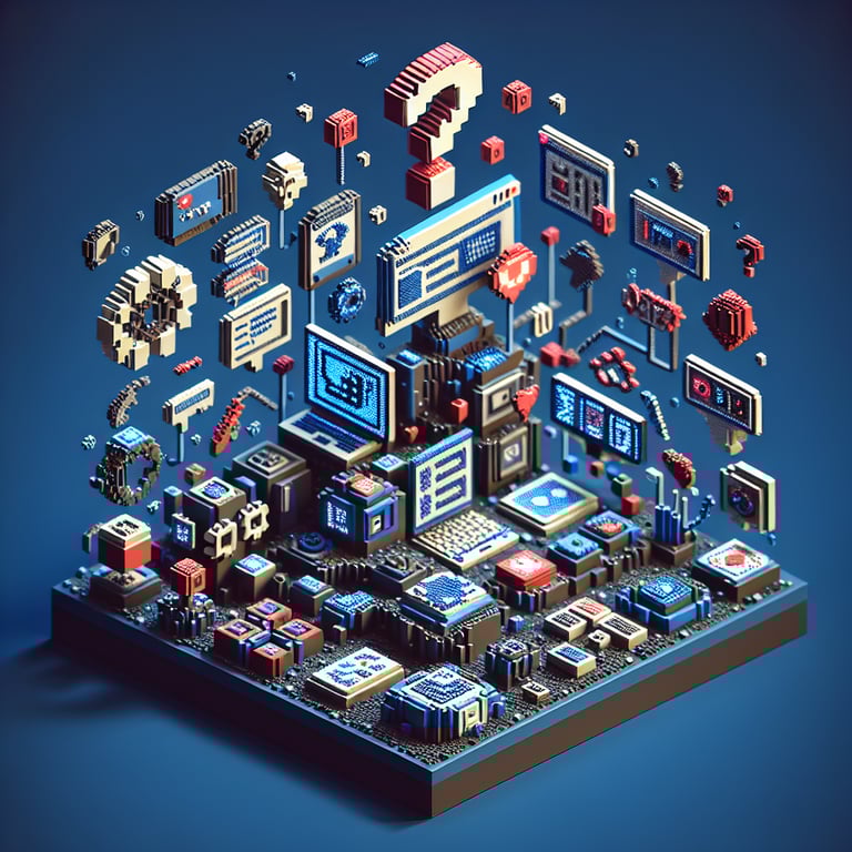 3D voxel art depicting online surveys and questions on a dark blue background.