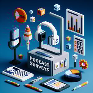 3D voxel art depicting online podcast surveys against a dark blue background.