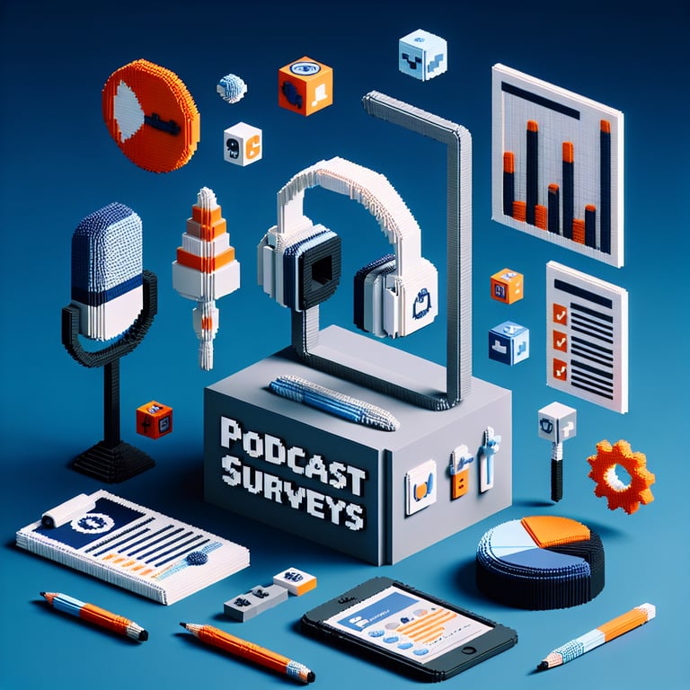3D voxel art depicting online podcast surveys against a dark blue background.