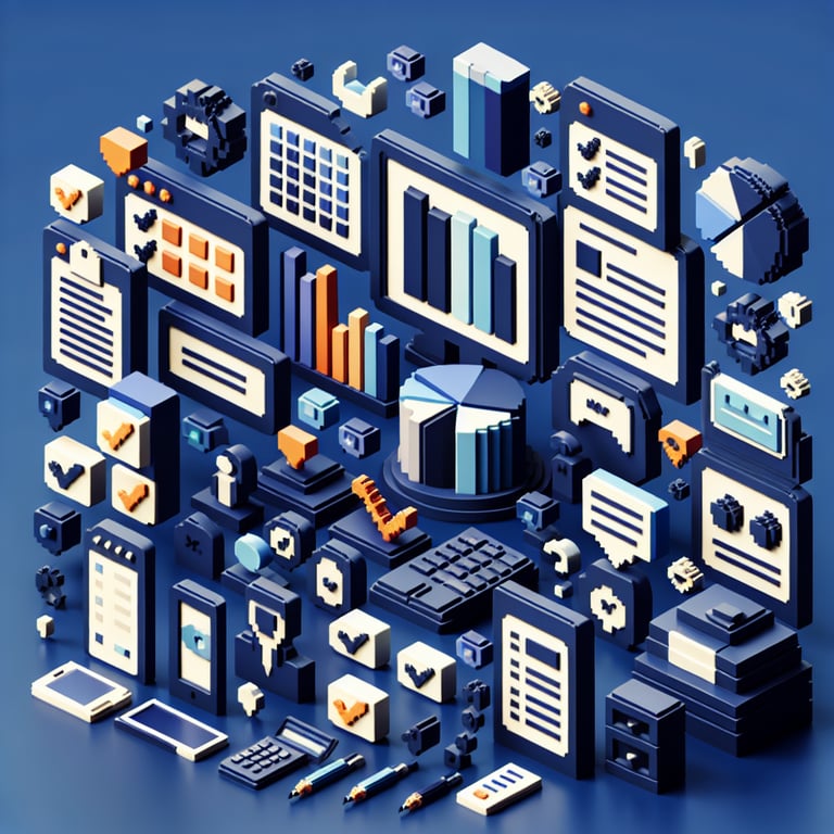 3D voxel art depicting online surveys and questions on a dark blue background for conference examples.