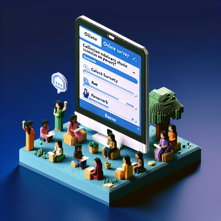 3D voxel art depicting online surveys related to poverty in India on a dark blue background.