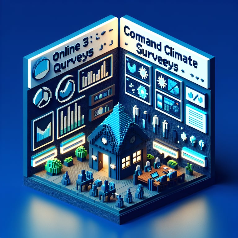 3D voxel art depicting online surveys with focus on command climate and suicide-related questions.