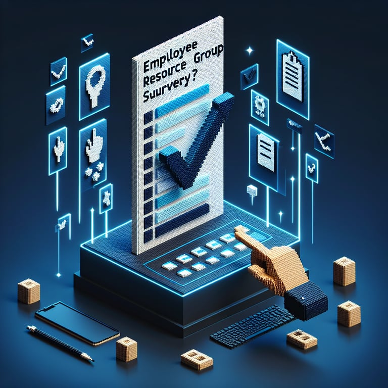 3D voxel art depicting online surveys, emphasizing employee resource group survey questions, on a dark blue background.
