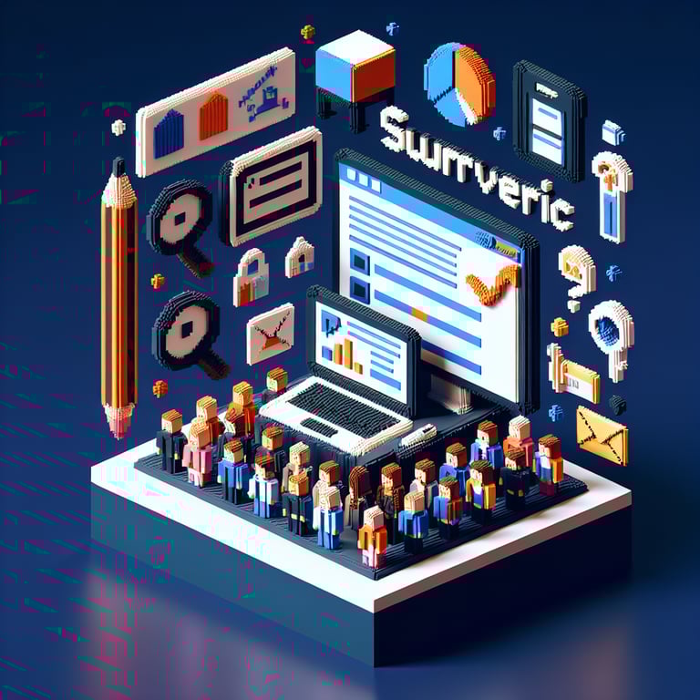 3D voxel art depicting online demographic surveys in the UK on a dark blue background.