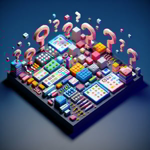 3D voxel art depicting online contraception survey concept on a dark blue background.