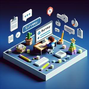 3D voxel art depicting the concept of online childhood surveys on a dark blue background.