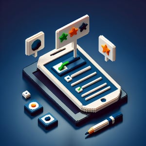 3D voxel art depicting online principal surveys against a dark blue background.