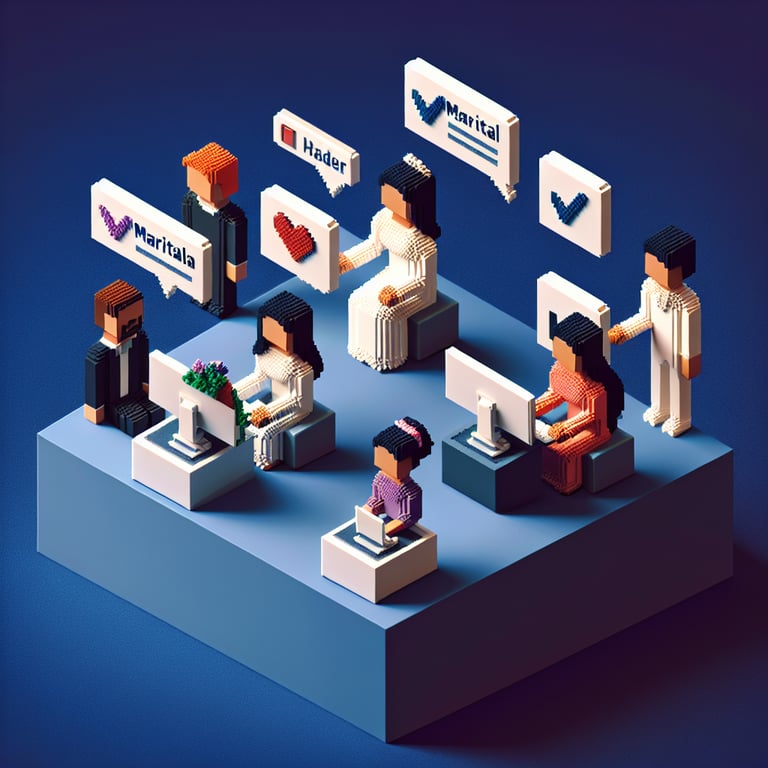 3D voxel art of digital survey form, symbolizing marital status surveys, on a dark blue background.