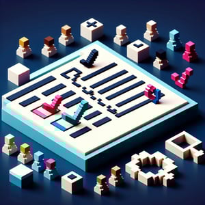 3D voxel art depicting online gender bias surveys, with engaging elements on a dark blue background.