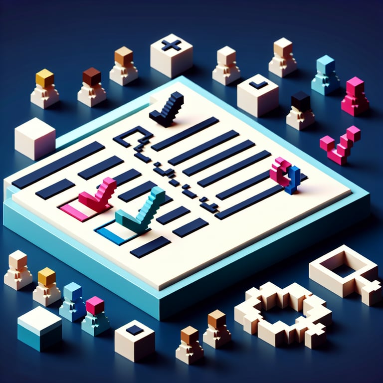 3D voxel art depicting online gender bias surveys, with engaging elements on a dark blue background.