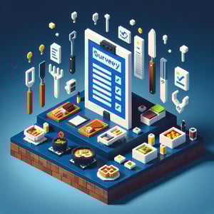3D voxel art depicting online restaurant survey concept on a dark blue background.