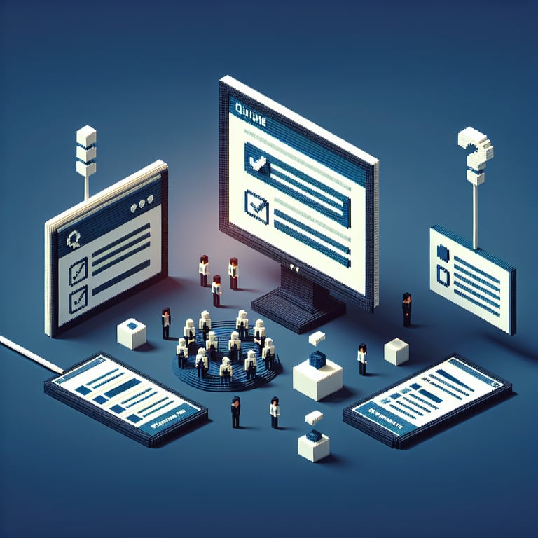 3D voxel art depicting online surveys and questions with a dark blue background for a QA survey landing page.