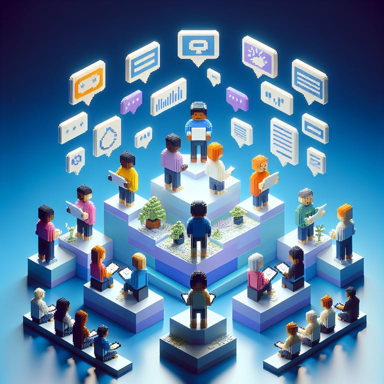 3D voxel art depicting online surveys, questions, and customer service, set against a dark blue background.