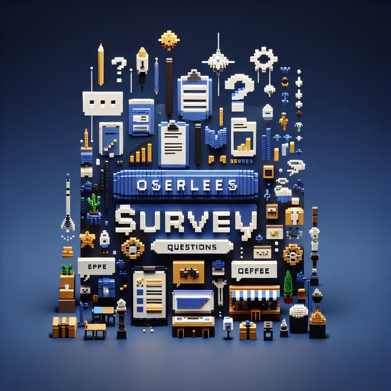 3D voxel art displaying online survey concept on a dark blue background, related to opening a cafe.