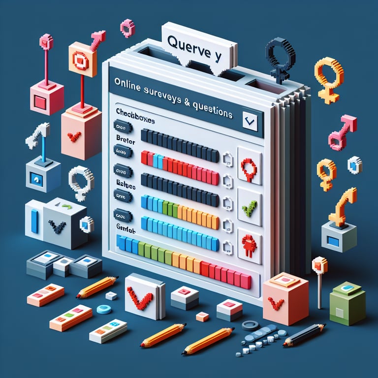 3D voxel art depicting online surveys with gender-related questions on a dark blue background.