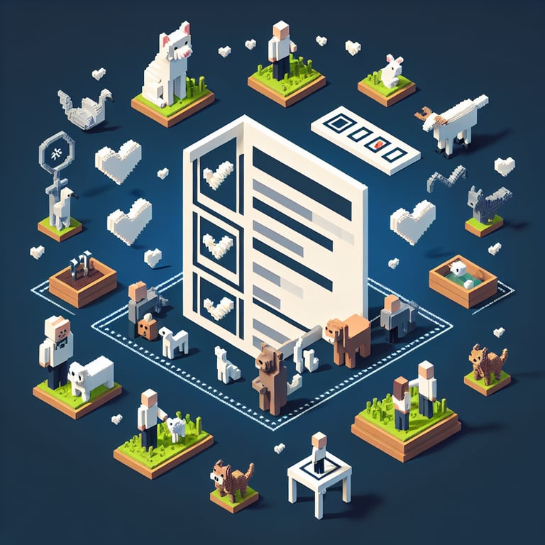 3D voxel art depicting online animal bonding survey concept on a dark blue background.