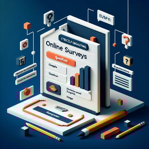 3D voxel art illustrating online exhibition surveys on a dark blue background.
